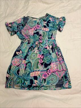 Lilly Pulitzer Girls' Navy, Teal & Pink Floral Short Sleeve Dress
